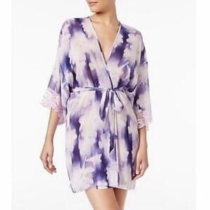 Linea Donatella Purple Floral Sheer Lace Trim Robe Cover Up S/M
